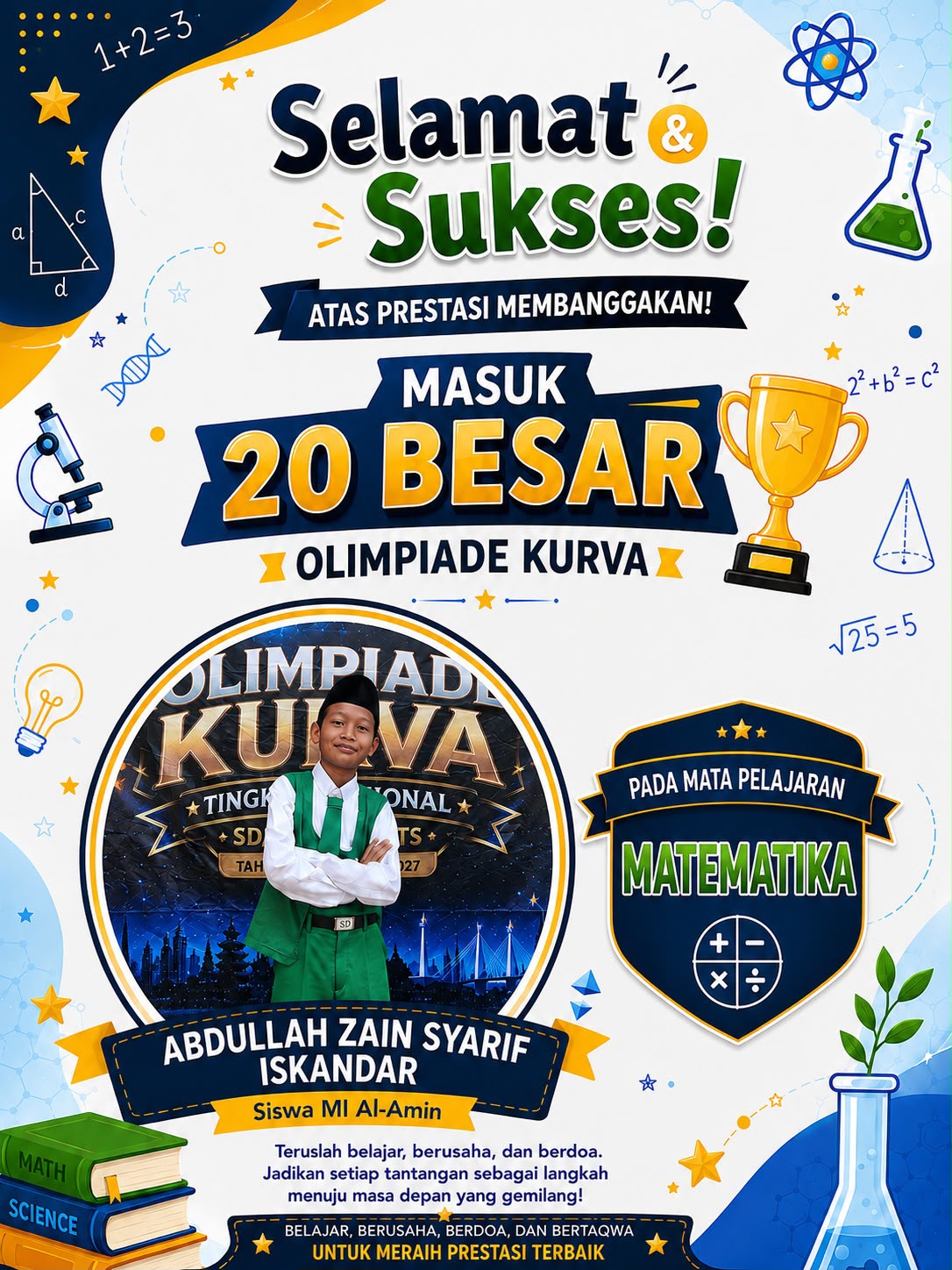 Dokumentasi Membanggakan! Tiga Murid MI Al-Amin Tembus 20 Besar Olimpiade Kurva Tingkat Nasional 2026